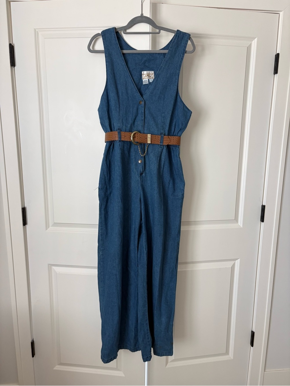 Denim Blue Sleeveless Jumpsuit with Brown Belt - Vintage